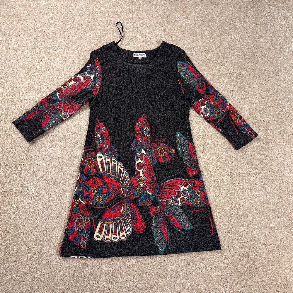 Vintage Papillon Boho Butterfly Sweater Dress Tunic Long Bohemian Stretch Medium
